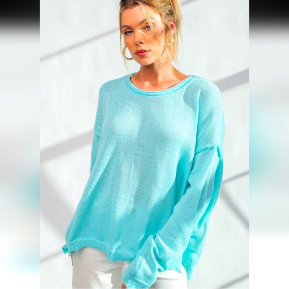 NWT EASEL Change In The Air Aqua Blue Drop Shoulder Super Lightweight Sweater